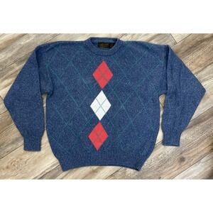 Vintage 90s Eddie Bauer‎ Sweater Men's L Argyle Knit Crewneck Blue Red Diamond